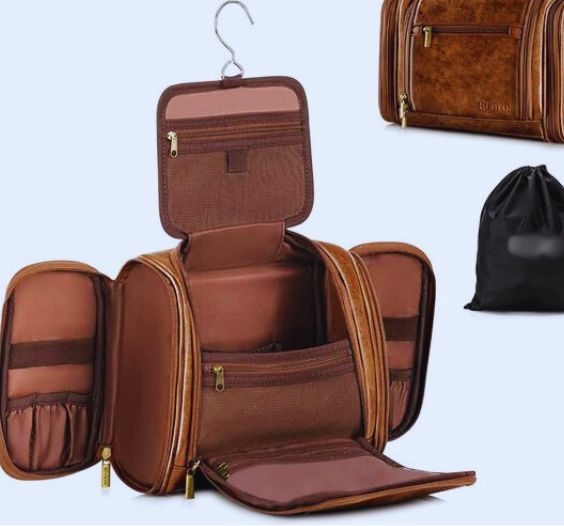 Leather hanging toiletry bag for efficient travel organization.
